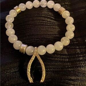 White Jade Natural Stone, Silver Spacers & Rhinestone Wishbone